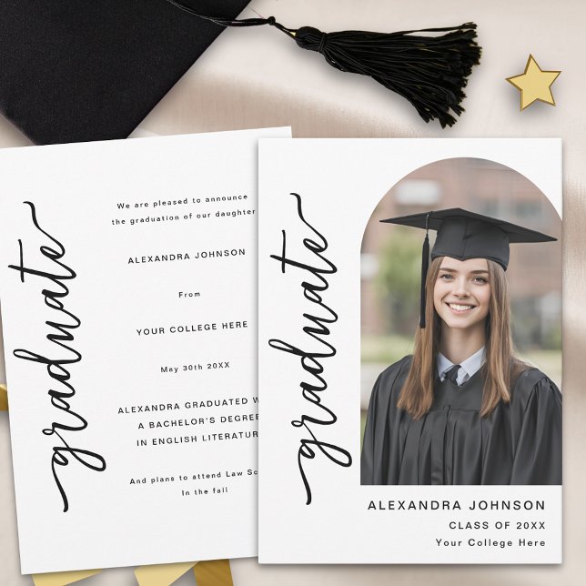 Faire-part Écriture Moderne Photo d'Arch (Modern trendy black and white photo arch graduation announcement card Elegant script minimalist )
