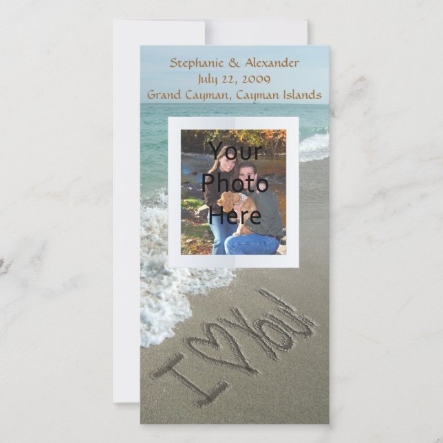 Faire-part Écriture sur le sable de la plage, je t'aime (Devant)