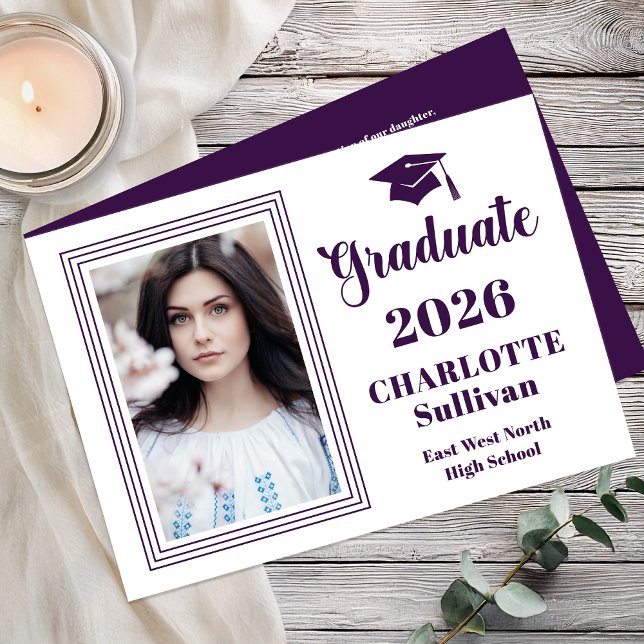 Faire-part Elegant 2026 Graduate Graduation Portrait Photo  (Elegant Modern Graduation Portrait Photo Announcement - Print | Digital - Purple | White Reverse)