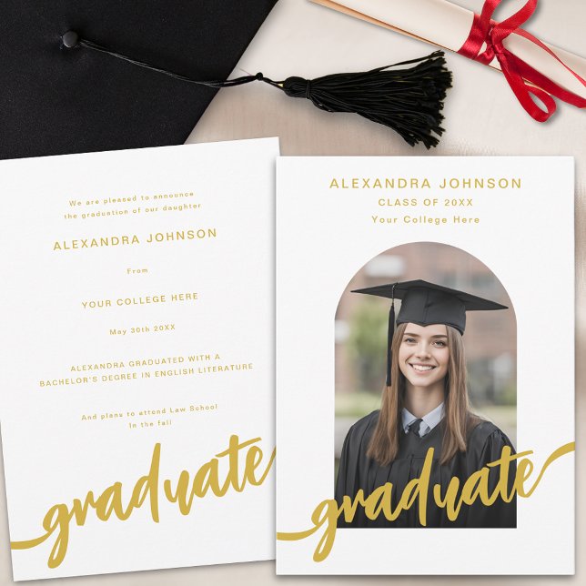 Faire-part Élégant Arc de script or Diplôme de photo (Elegant gold script arch photo Graduation announcement card stylish modern design)