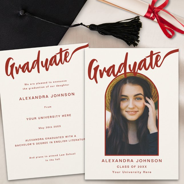 Faire-part Élégant Arc Photo Graduate Brûlé Orange Script (Minimalist graduate photo arch elegant burnt orange calligraphy script graduation announcement card)