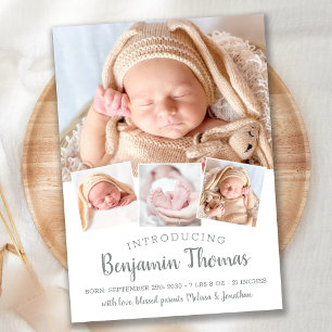 Faire-part Elegant Baby Personnalisé 4 Photo Collage Naissanc