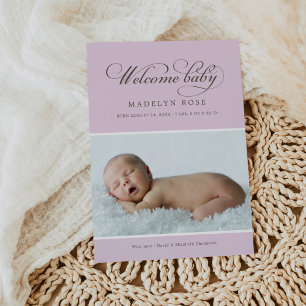 Faire-part Elégant Bienvenue Bébé Fille Lavande Photo naissan