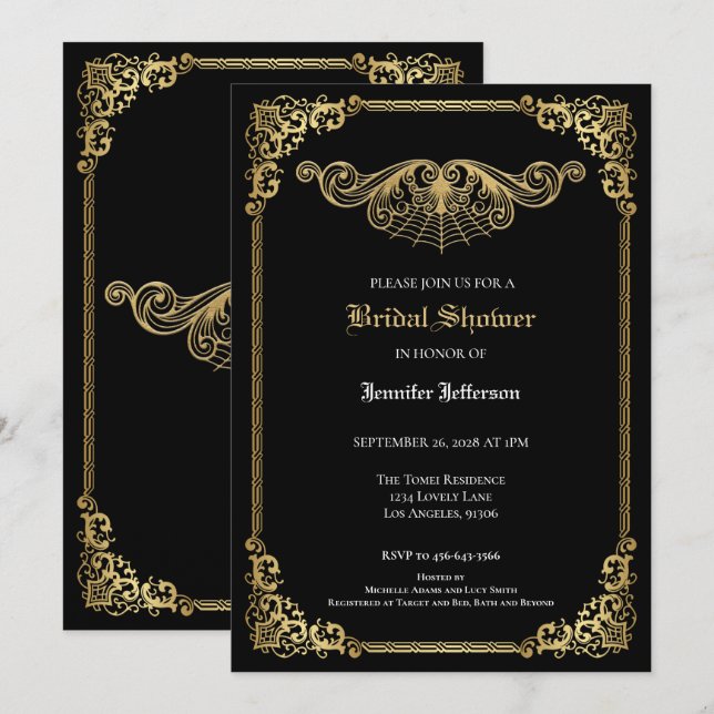 Faire-part Elegant black and gold Gothic Bridal Shower (Devant / Derrière)
