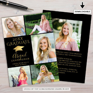 Faire-part Élégant Black Gold 6 Photo Collage Graduate