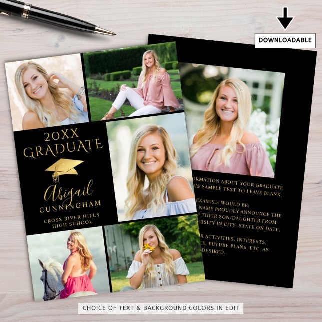 Faire-part Élégant Black Gold 6 Photo Collage Graduate (Créateur téléchargé)