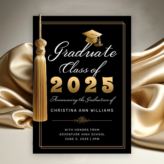 Faire-part Élégant Black Gold Script Classe de 2025 Graduatio (Elegant Gold White Script on Black with thin gold frame Graduation Announcement)