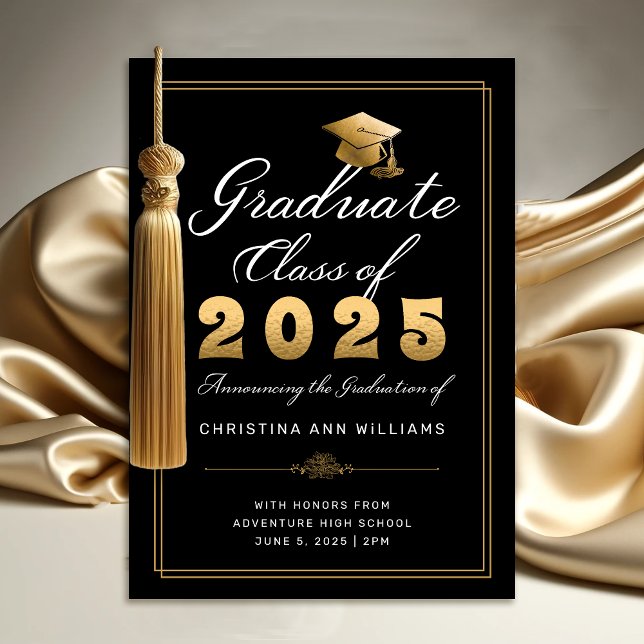 Faire-part Élégant Black Gold Script Classe de 2025 Graduatio (Elegant Black Gold Script Class of 2025 Graduation Announcement.)