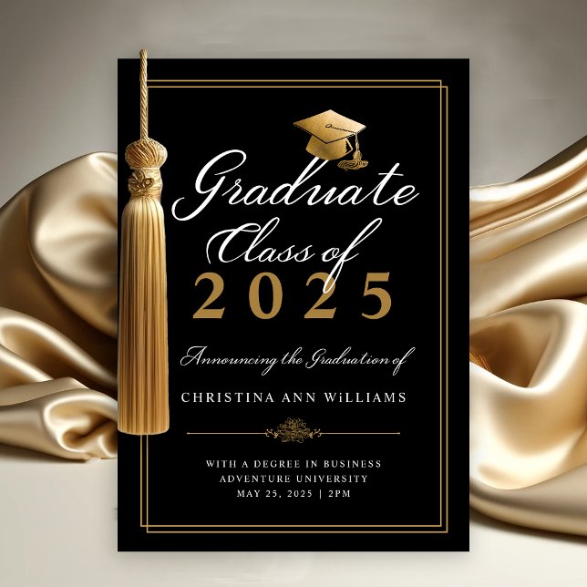 Faire-part Élégant Blancs Gold Script Black College Graduatio (Elegant Black Gold Script College Class of 2025 Graduation Announcement)