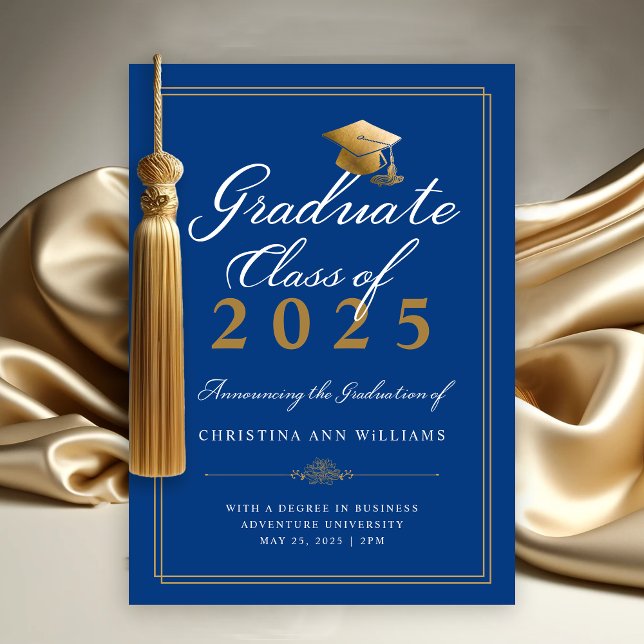 Faire-part Élégant Blancs Gold Script Bleu College Graduation (Elegant Royal Blue Gold Script College Class of 2025 Graduation Announcement)