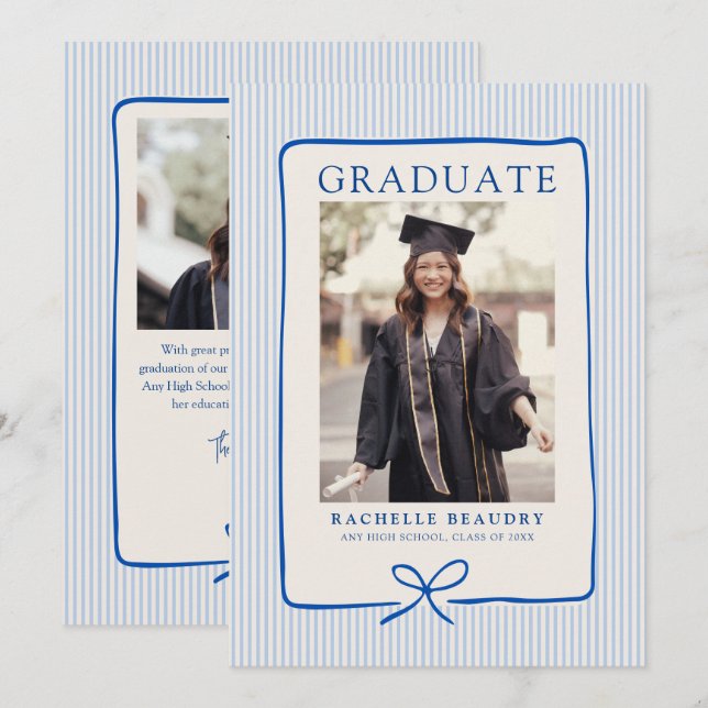 Faire-part Elegant Blue Stripes Bow Frame Graduation Photo  (Devant / Derrière)