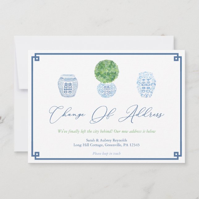 Faire-part Élégant Boxwood Topiary Ginger Jar Nouvelle adress (Devant)