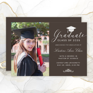 Faire-part Elegant Brown White Script Cap Photo Graduation