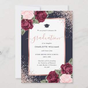 Faire-part Élégant Burgundy Navy Rose Or Floral Graduation