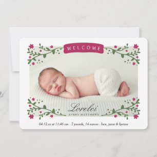 Faire-part Elégant Cadre Floral Plum Baby Girl Photo Naissanc