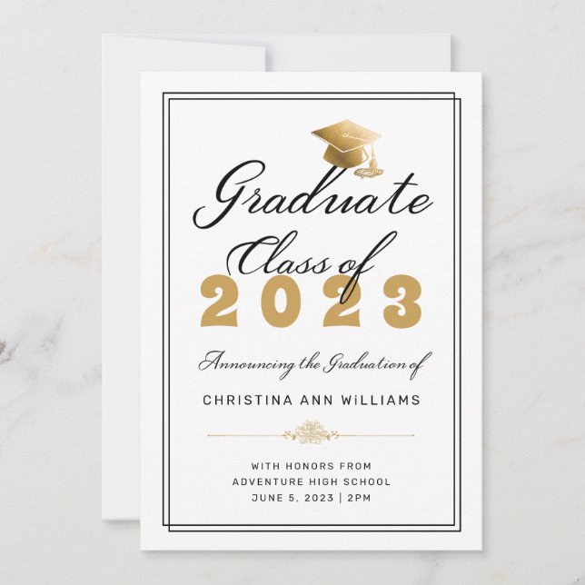 Faire-part Élégant Casquette de fin d'études d'or White Gradu (Devant)