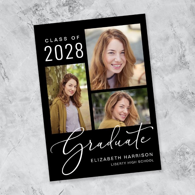 Faire-part Élégant Collage Photo Black Graduation (An elegant photo collage graduation announcement to celebrate the graduate's achievements)