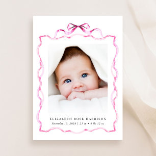 Faire-part Elégant Coquette Rose Bow Photo Fille Naissance
