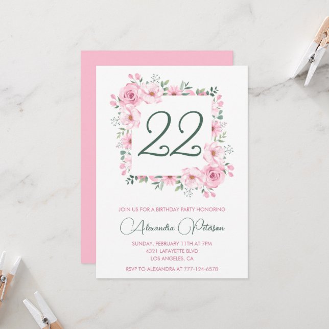 Faire-part élégant de 22e anniversaire Floral Rose (Devant/Arrière en situation)
