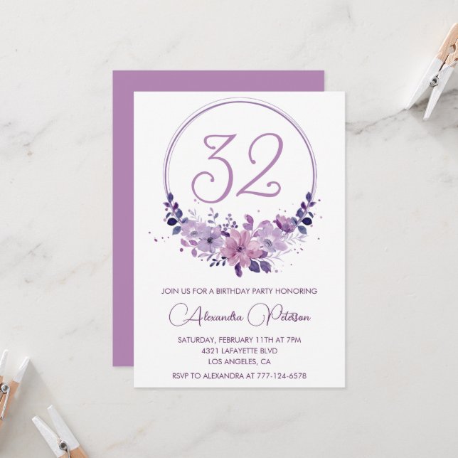 Faire-part élégant de 32e anniversaire Fleurs Viol (Devant/Arrière en situation)