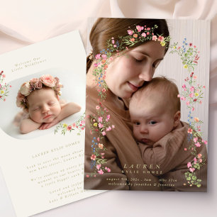 Faire-part élégant délicat arche florale printemps photo bébé