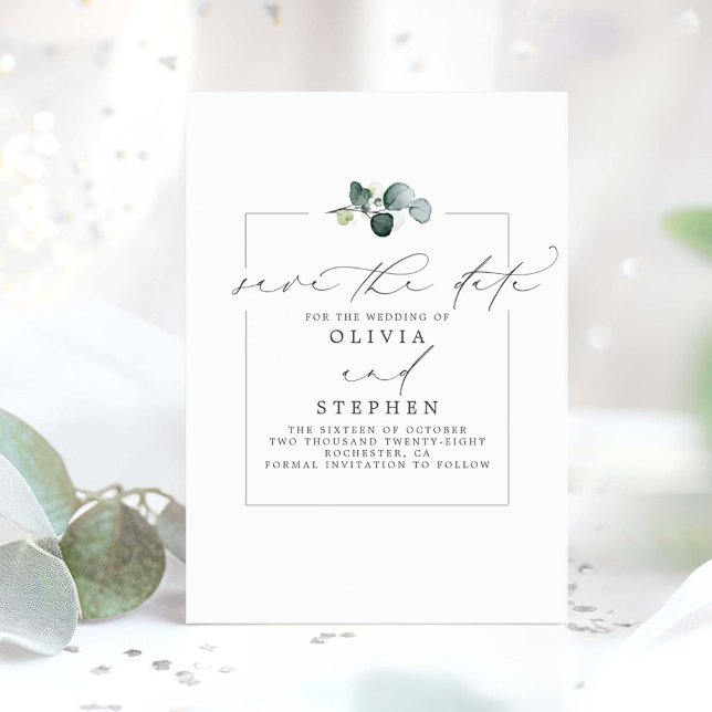 Faire-part Élégant Eucalyptus Vert Économisez La Date (Minimalist Save the Date Card)