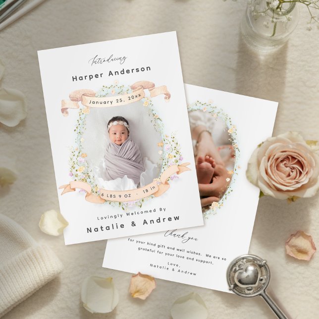 Faire-part Elegant Floral Gender Neutral Newborn Baby Birth (Elegant Floral Gender Neutral Newborn Baby Birth Announcement)