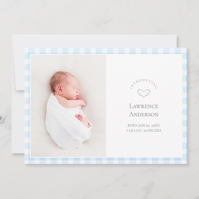 Faire-part Élégant Gingham Bleu Bébé 2 Photo Naissance Garçon (Devant)