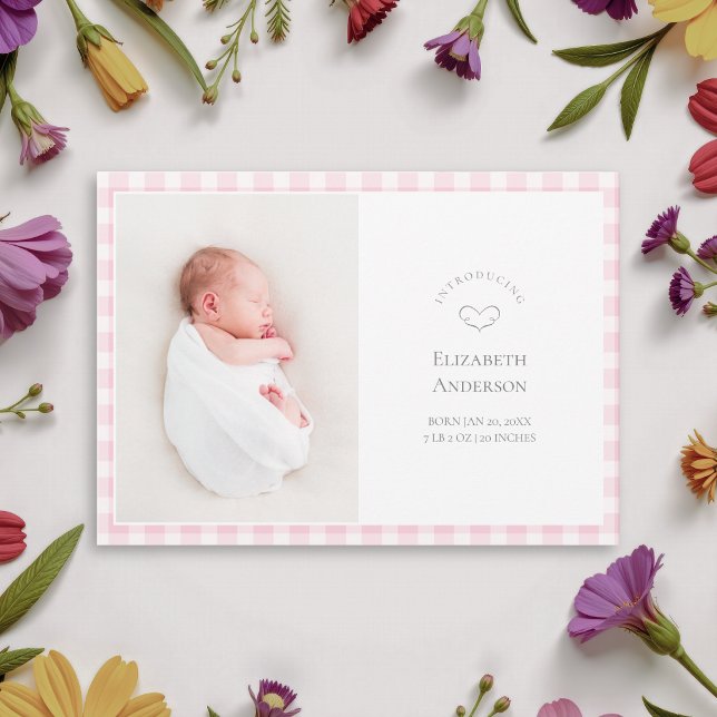 Faire-part Élégant gingham rose bébé 2 Photo Naissance Fille (Créateur téléchargé)