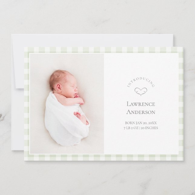Faire-part Élégant gingham vert sauge 2 Photo Naissance Bébé (Devant)