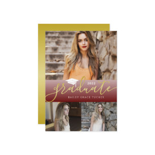 Faire-part Élégant Gold Dark Red Graduate 3 photo Graduation