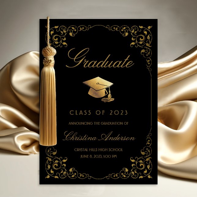 Faire-part Elégant Gold Ivy Grad Casquette noir Graduation (Gold Ivy Leaf on Black Graduation Announcement)