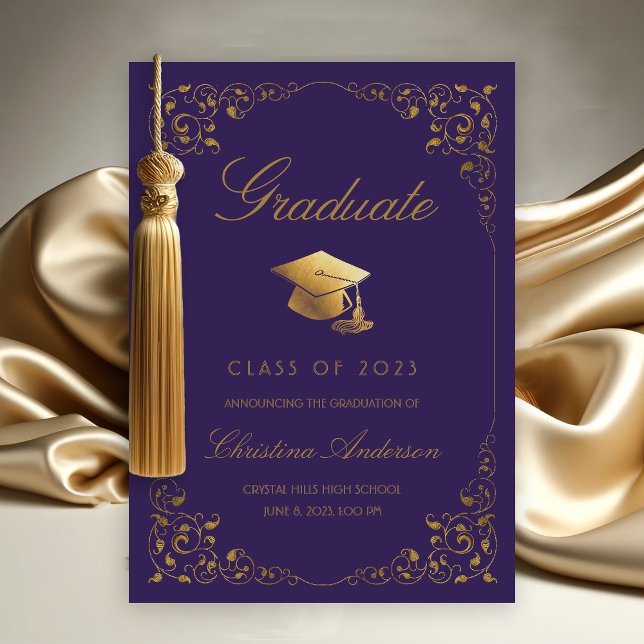 Faire-part Elégant Gold Ivy Grad Casquette Purple Graduation (Gold Ivy Leaf on Purple Graduation Announcement)