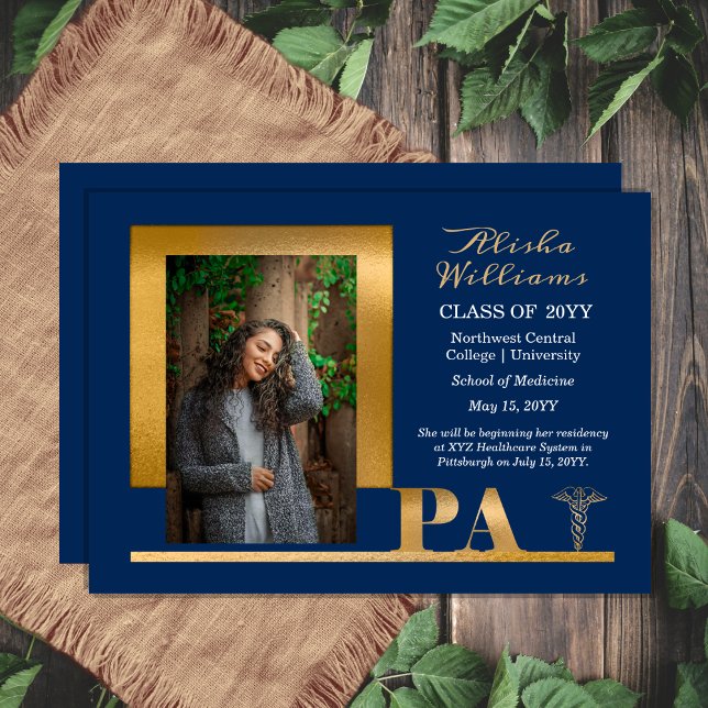 Faire-part Elegant Gold PA Caduceus 1 Photo Blue Grad (Elegant Gold Tone "PA" Physician's Assistant Caduceus One Photo Blue Graduation Announcement )