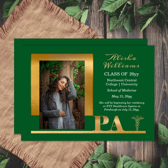 Faire-part Elegant Gold PA Caduceus 1 Photo Dk Green Grad (Elegant Gold Tone "PA" Caduceus One Photo Dark Green Graduation Announcement for Print | Download)
