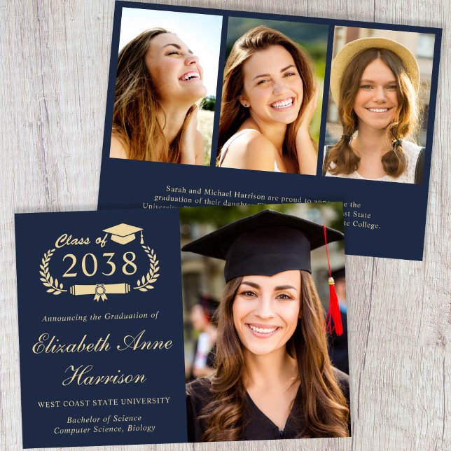 Faire-part Elegant Gold Script Photo Blue College Graduation (Elegant Gold Script Photo Blue College Graduation Announcement)