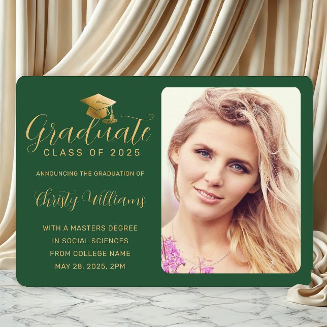 Faire-part Élégant Green Gold Script Photo College Graduation (Green and Gold Photo Graduation Announcement 
for College Grads)
