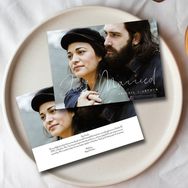 Faire-part Élégant Lettré À La Main Juste Marié Photo Mariage (Elegant Script Just Married _ Modern Wedding Photo Announcement )