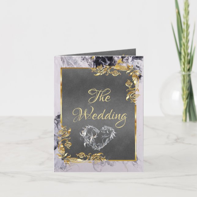 Faire-part Elegant Marble, Grey, Gold Frame, Silver Heart (Devant)