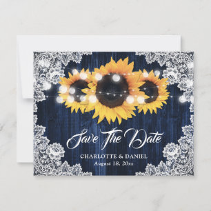 Faire-part Élégant mariage bleu marine bois dentelle soleil