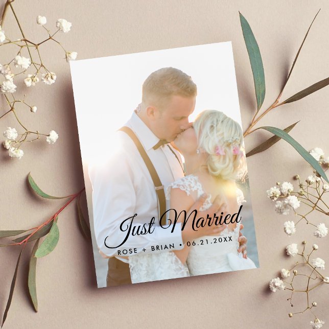 Faire-part Élégant Mariés sur mesure Photo Mariage Moderne Pe (Elegant just married photo announcements share your special moment with modern romantic style.)