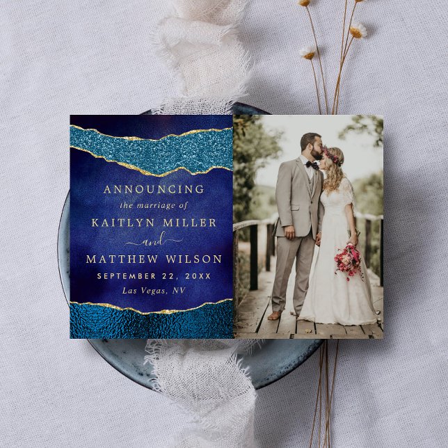 Faire-part Elégant Marine Blue & Gold Agate Mariage Photo (Créateur téléchargé)