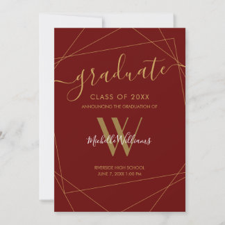 Faire-part Élégant Maroon Gold Monogramme géométrique Graduat