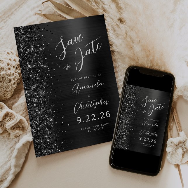 Faire-part Élégant Métal Brossé Noir Écriture Save the Date (Créateur téléchargé)