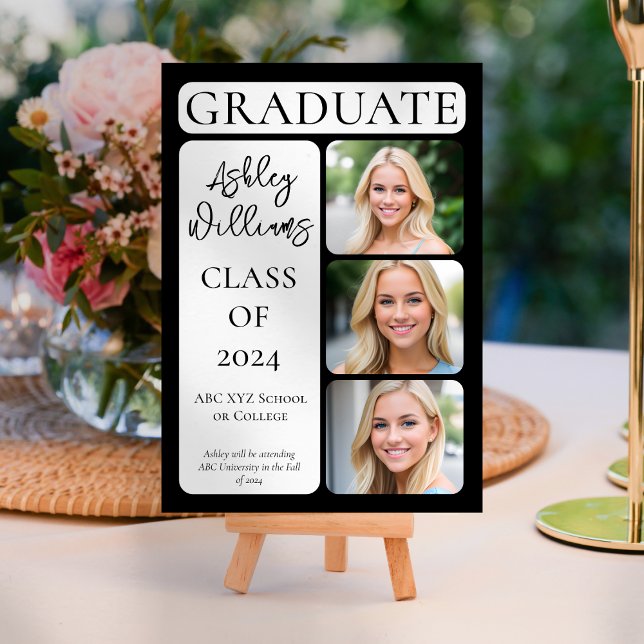 Faire-part Élégant minimaliste classe 3photo (Classy Elegant Minimalist Modern "Graduate" Portrait Style 3-Photo Graduation Announcement - Black)
