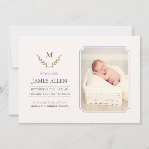 Faire-part Élégant Monogramme naissance bébé