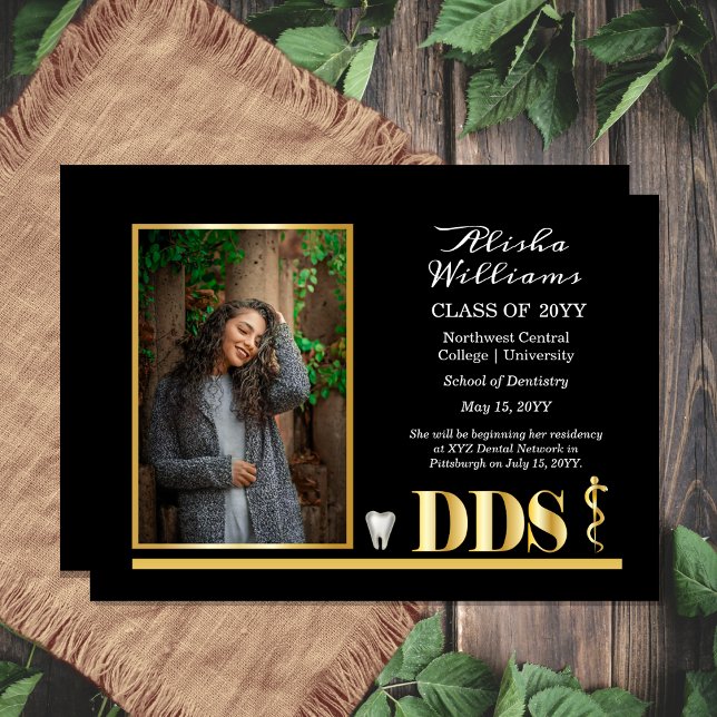 Faire-part Élégant Or DDS Asclepius Dentist Graduation (Elegant Black and Gold Tone One Photo Asclepius Dentist Dental "DDS" Graduation Announcement )