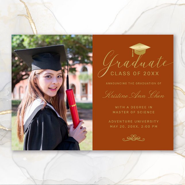 Faire-part Elegant Orange Gold Formal Script Photo Graduation (Elegant Orange Gold Calligraphy Photo Graduation Announcement)