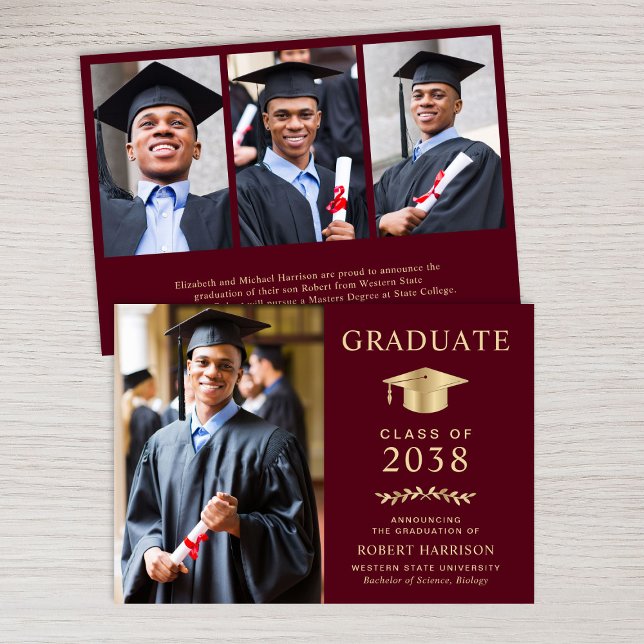 Faire-part Élégant Photo Burgundy Gold College Graduation (An elegant college graduation announcement to celebrate the graduate's achievements)