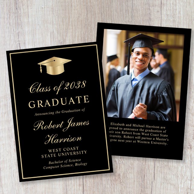 Faire-part Elegant Photo Gold Grad Cap Black Graduation (Elegant Photo Gold Grad Cap Black Graduation Announcement)